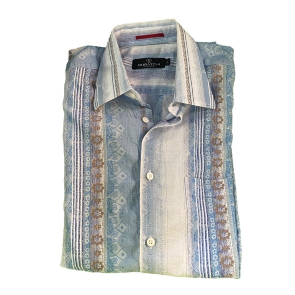 BUGATCHI UOMO Short Sleeve Blue/White Pattern/Stripe Shirt. Size L.